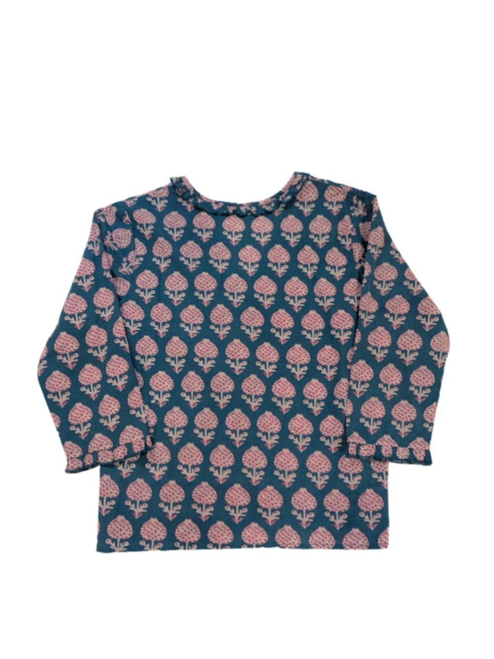 Pomegranate Block Print Boho Cottagecore Cotton Blouse Turquoise Pink Artisan To - Picture 6 of 13